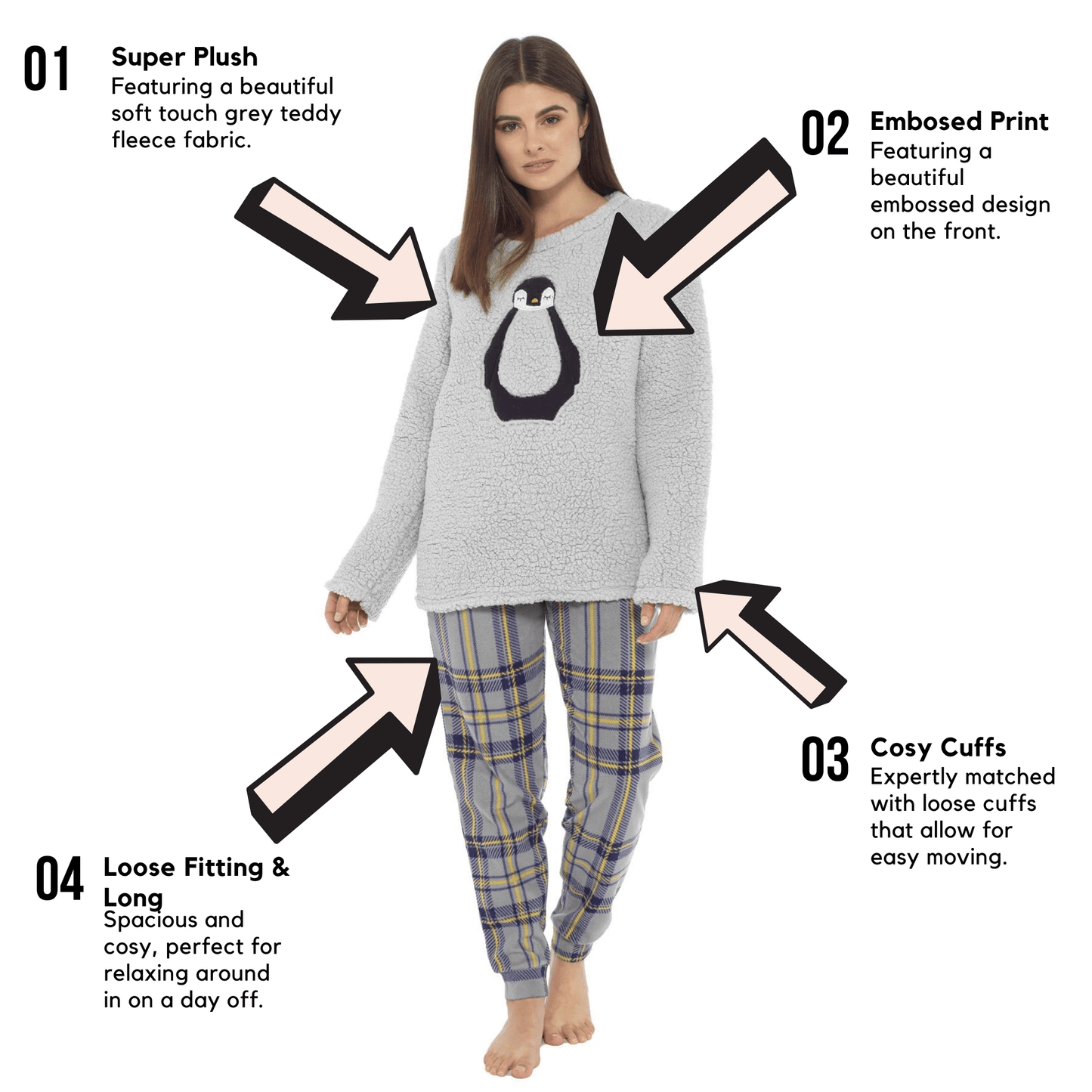OLIVIA ROCCO Women's Teddy Fleece Pyjama Set Penguin Design Soft Cosy Nightwear with Contrasting Bottoms for Chilly Evenings and Lazy Weekends