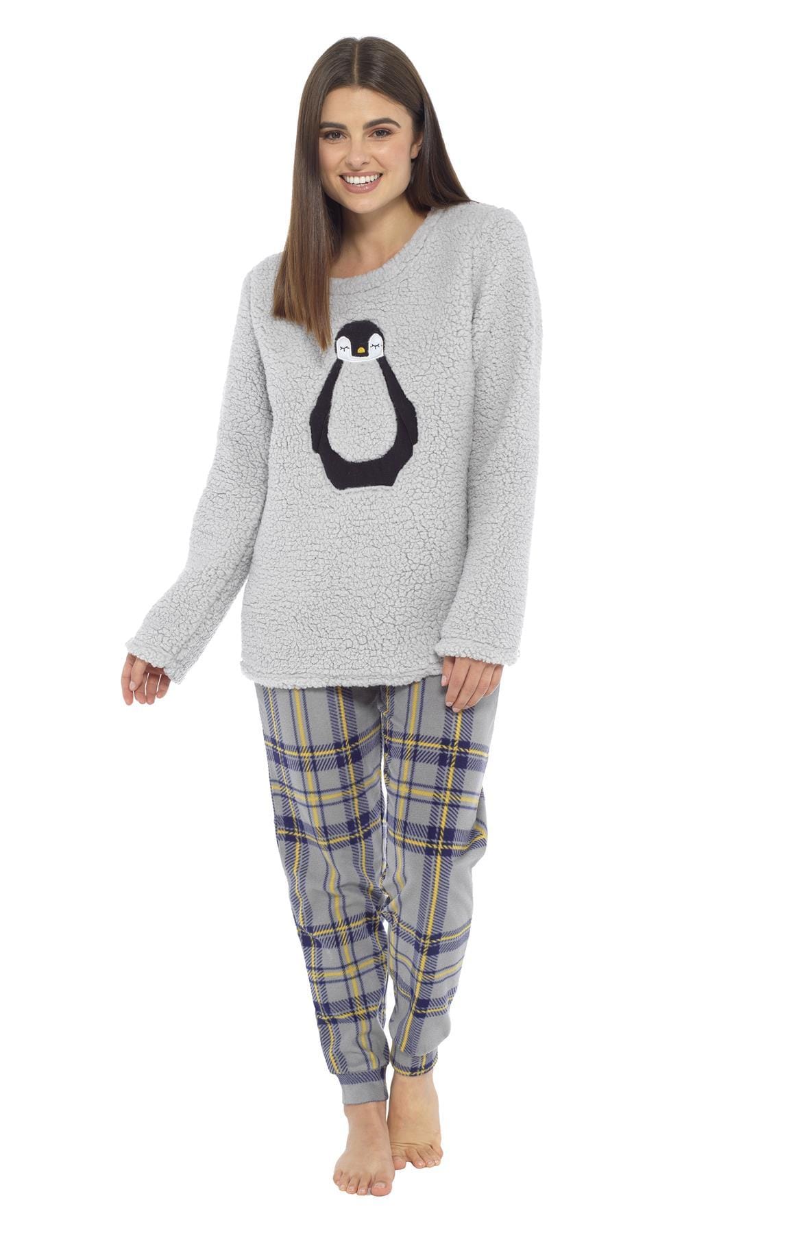 OLIVIA ROCCO Women's Teddy Fleece Pyjama Set Penguin Design Soft Cosy Nightwear with Contrasting Bottoms for Chilly Evenings and Lazy Weekends