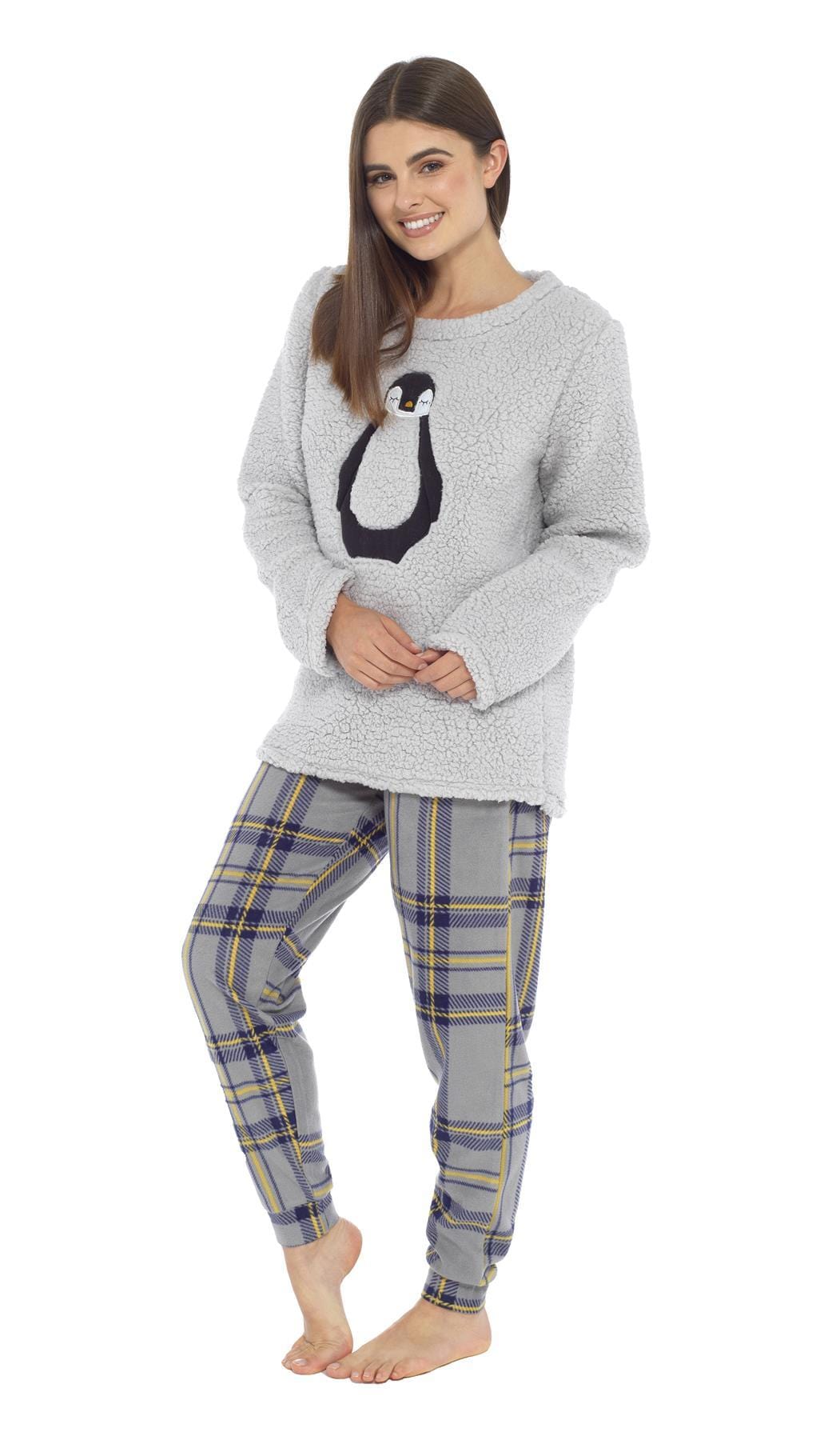 OLIVIA ROCCO Women's Teddy Fleece Pyjama Set Penguin Design Soft Cosy Nightwear with Contrasting Bottoms for Chilly Evenings and Lazy Weekends