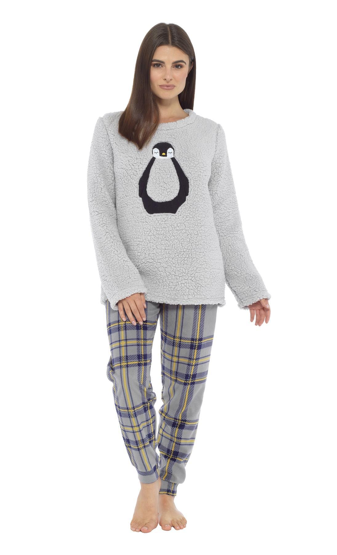 OLIVIA ROCCO Women's Teddy Fleece Pyjama Set Penguin Design Soft Cosy Nightwear with Contrasting Bottoms for Chilly Evenings and Lazy Weekends