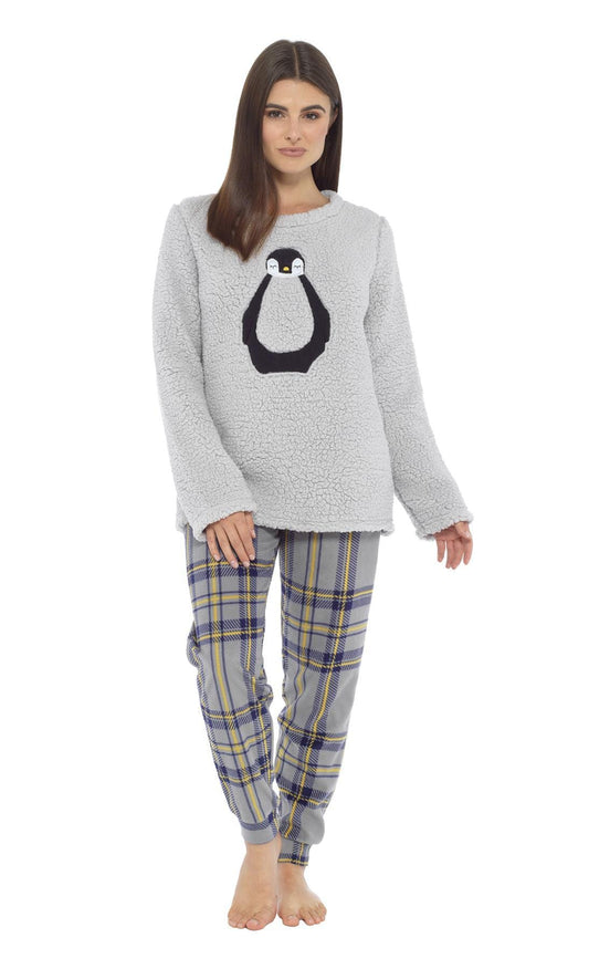 OLIVIA ROCCO Women's Teddy Fleece Pyjama Set Penguin Design Soft Cosy Nightwear with Contrasting Bottoms for Chilly Evenings and Lazy Weekends