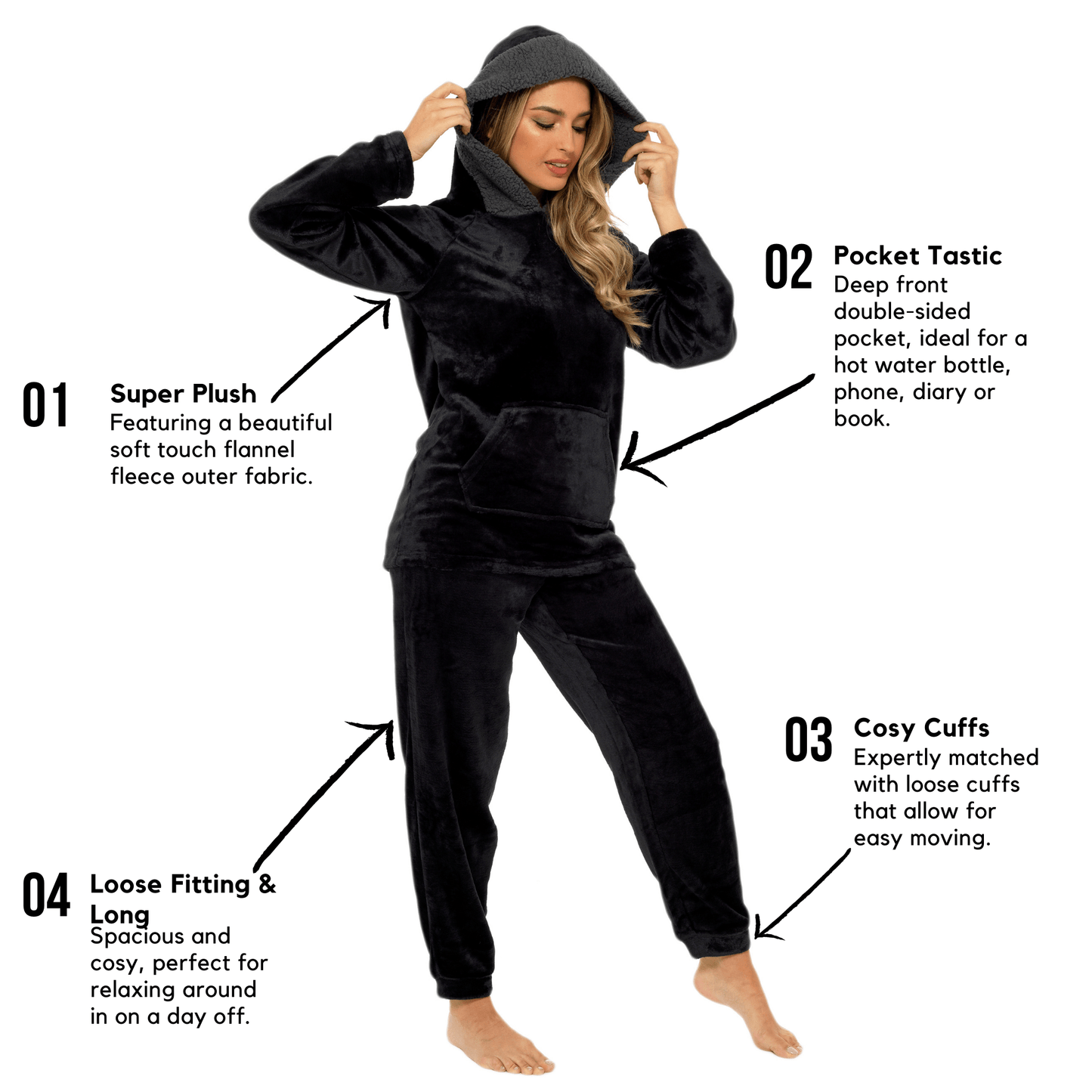 OLIVIA ROCCO Women's Hooded Pyjama Set Black Plush Fleece with Sherpa Lining Ultra Soft Nightwear for Cozy Comfort Sizes S To XL