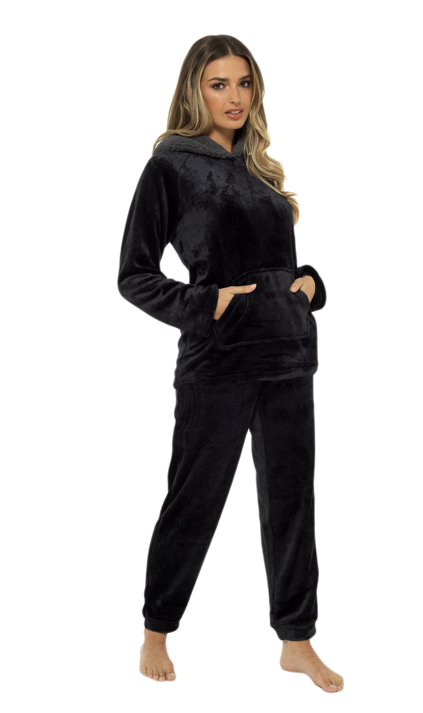 OLIVIA ROCCO Women's Hooded Pyjama Set Black Plush Fleece with Sherpa Lining Ultra Soft Nightwear for Cozy Comfort Sizes S To XL