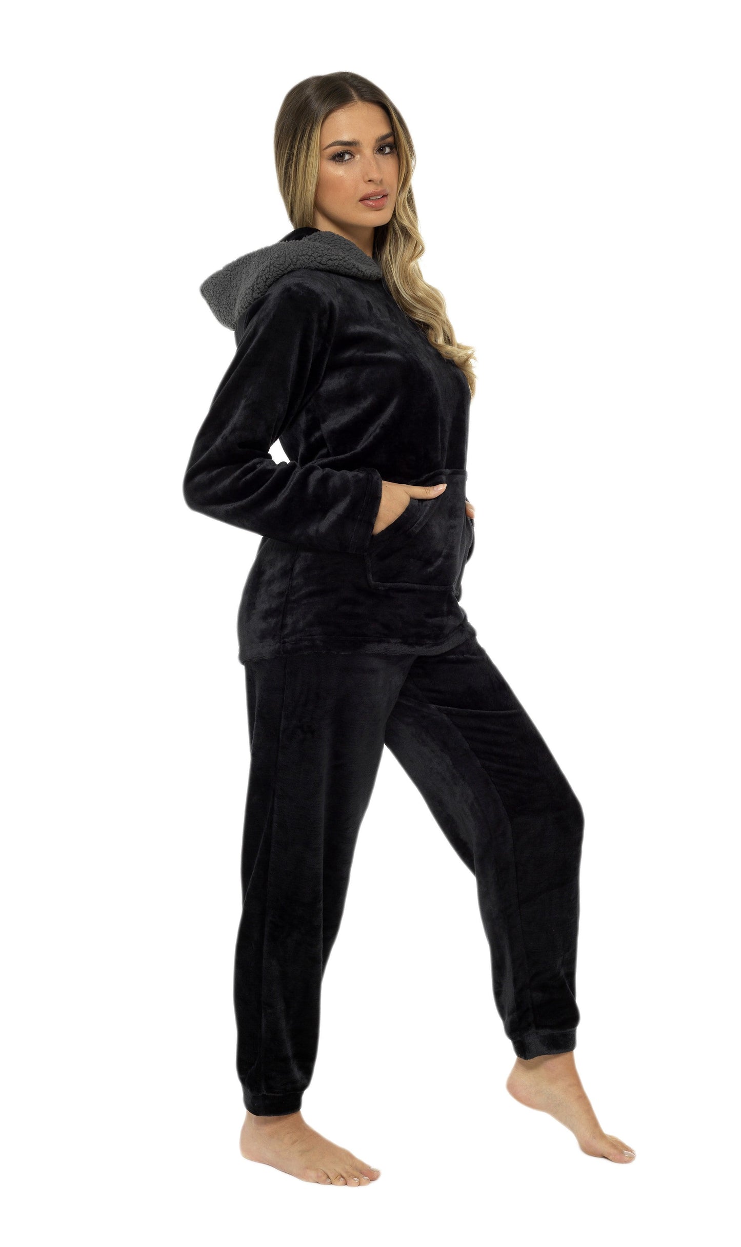 OLIVIA ROCCO Women's Hooded Pyjama Set Black Plush Fleece with Sherpa Lining Ultra Soft Nightwear for Cozy Comfort Sizes S To XL