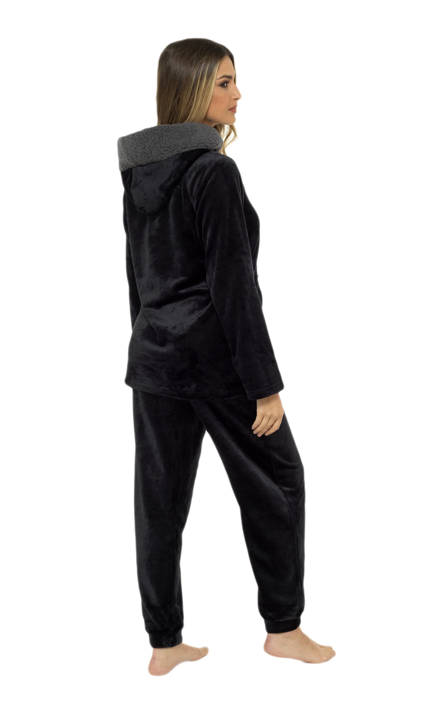 OLIVIA ROCCO Women's Hooded Pyjama Set Black Plush Fleece with Sherpa Lining Ultra Soft Nightwear for Cozy Comfort Sizes S To XL