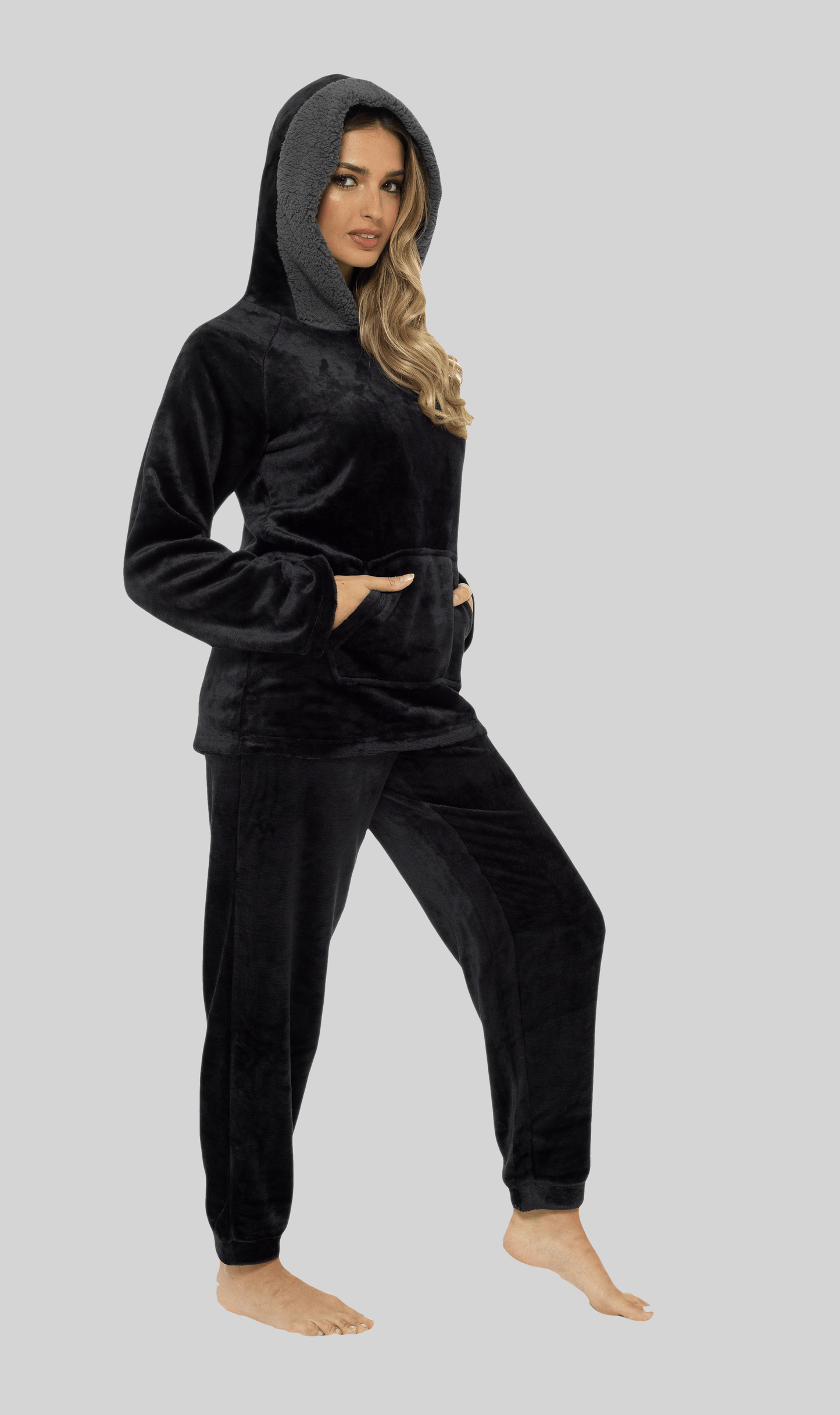 OLIVIA ROCCO Women's Hooded Pyjama Set Black Plush Fleece with Sherpa Lining Ultra Soft Nightwear for Cozy Comfort Sizes S To XL