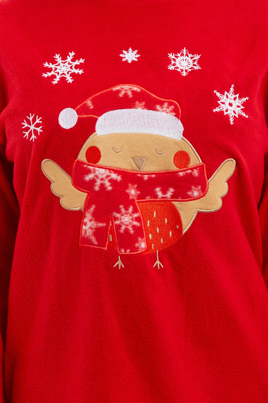 OLIVIA ROCCO Women's Polar Fleece Pyjama Set Festive Robin Design Warm Winter Nightwear Loungewear Christmas Gift For Women