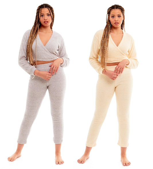 OLIVIA ROCCO Womens Teddy Fleece Loungewear Set With Wrap Top And Stretch Pants Ultra Soft Cozy Pajama Loungewear For Home Use